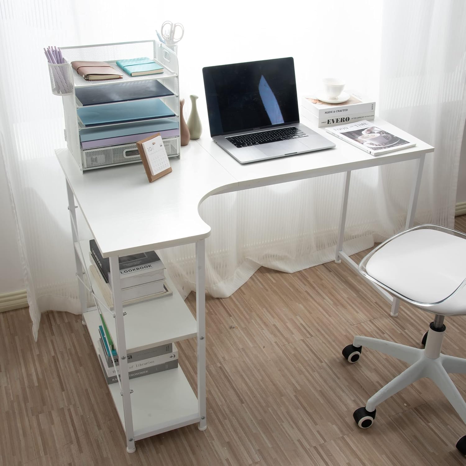 ホワイト L字型パソコンデスクとオフィスチェアセット ホワイト L字型